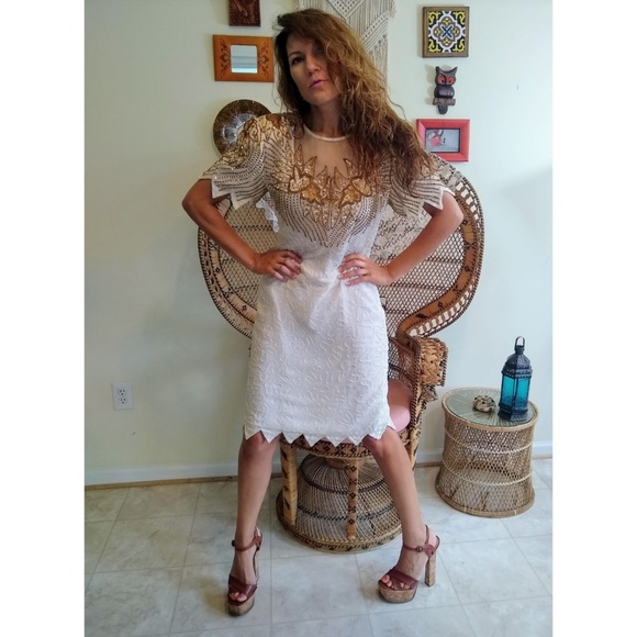 80s cream beaded silk dress M/L - Picture 3 of 5